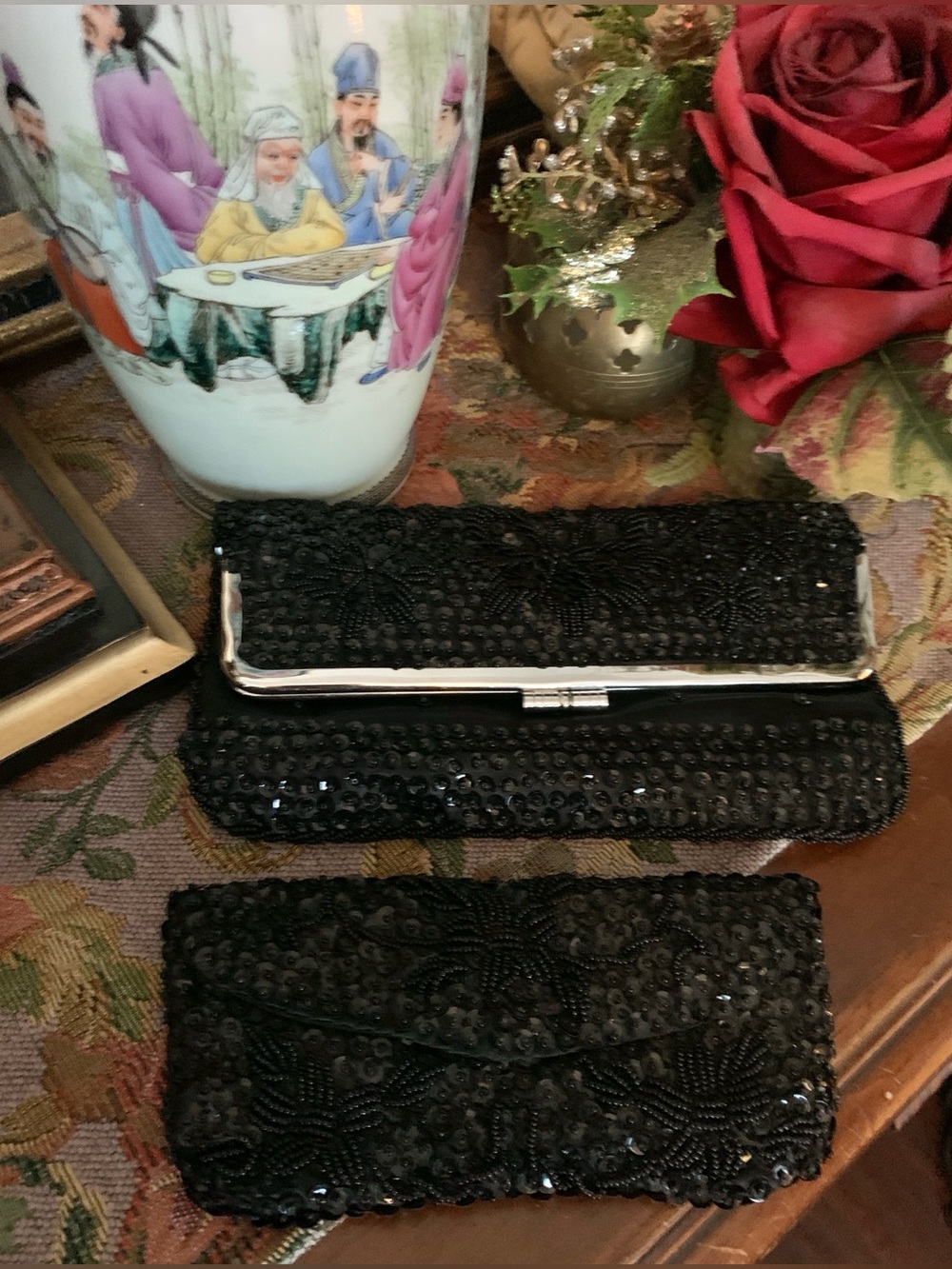 Vintage 60's? Victorian-inspo Gothic Black Beaded New Year's Purse Clutch Set
